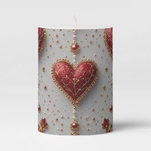 Elegant Red Hearts with Golden Floral Details Pillar Candle