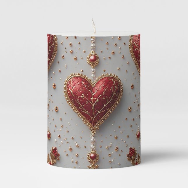 Elegant Red Hearts with Golden Floral Details Pillar Candle (Front)