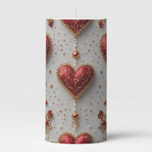 Elegant Red Hearts with Golden Floral Details Pillar Candle