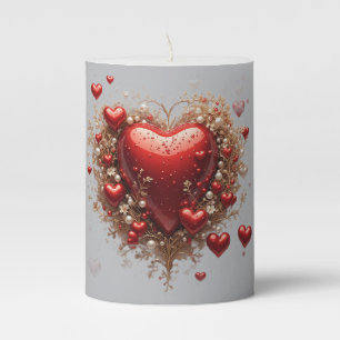 Elegant Red Hearts with Golden Floral Details Pillar Candle