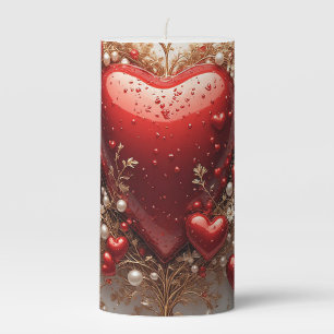 Elegant Red Hearts with Golden Floral Details Pillar Candle