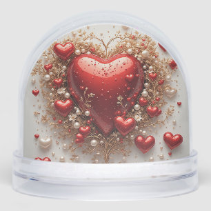 Elegant Red Hearts with Golden Floral Details Snow Globe