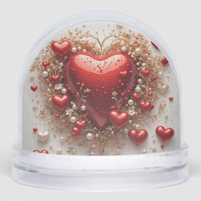 Elegant Red Hearts with Golden Floral Details Snow Globe (Front)