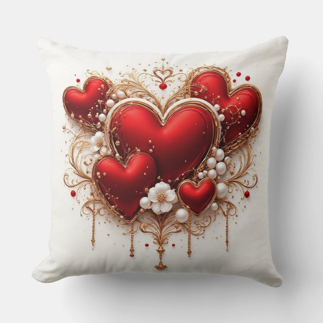 Elegant Red Hearts with Golden Floral Details Throw Pillow (Front)