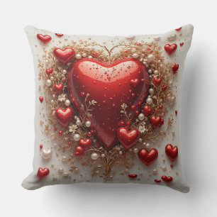 Elegant Red Hearts with Golden Floral Details Throw Pillow
