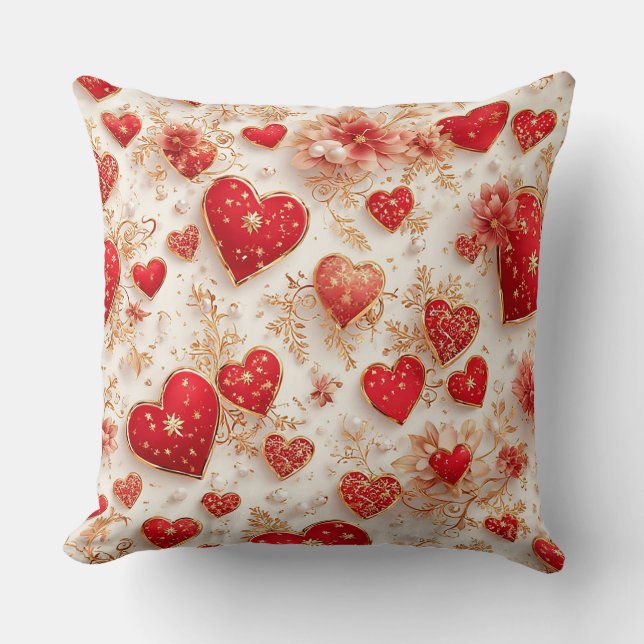 Elegant Red Hearts with Golden Floral Details Throw Pillow (Front)