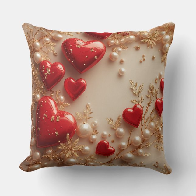 Elegant Red Hearts with Golden Floral Details Throw Pillow (Front)