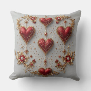 Elegant Red Hearts with Golden Floral Details Throw Pillow