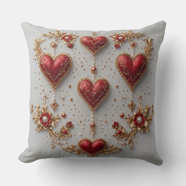 Elegant Red Hearts with Golden Floral Details Throw Pillow (Front)