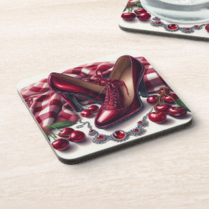 Elegant Red High Heels with Cherry  Beverage Coaster