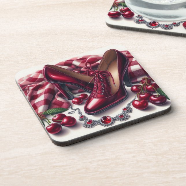 Elegant Red High Heels with Cherry  Beverage Coaster (Left Side)