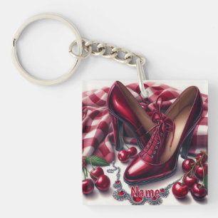 Elegant Red High Heels with Cherry  Keychain