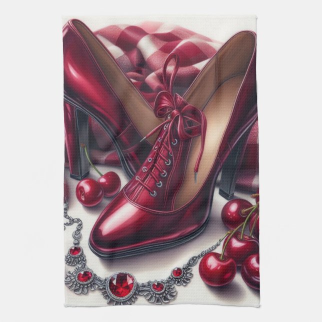Elegant Red High Heels with Cherry  Kitchen Towel (Vertical)