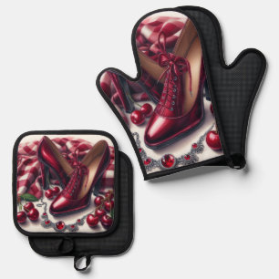 Elegant Red High Heels with Cherry  Oven Mitt & Pot Holder Set