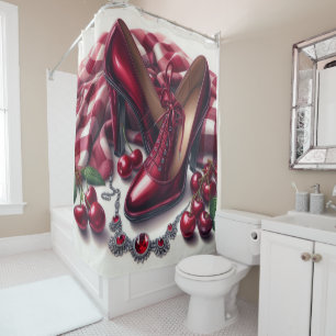 Elegant Red High Heels with Cherry Shower Curtain
