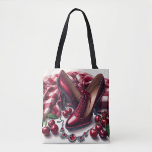 Elegant Red High Heels with Cherry  Tote Bag