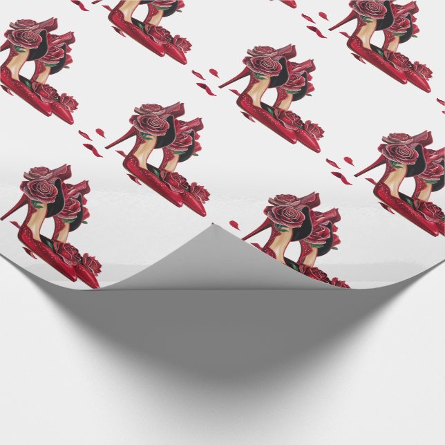 Elegant Red High Heels with Golden Roses           Wrapping Paper (Corner)