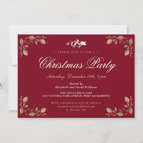 Elegant Red Holly Bells Christmas Holiday Party Invitation