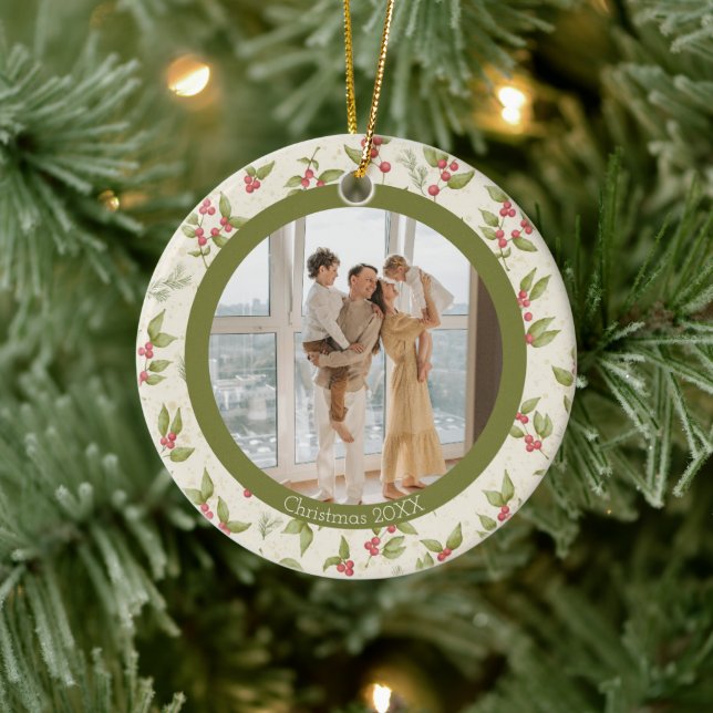 Elegant Red Holly Berries Green Frame Family Photo Ceramic Ornament (Tree)
