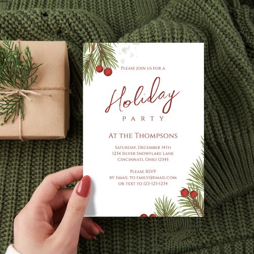 Elegant Red Holly Berries Holiday Party Invitation