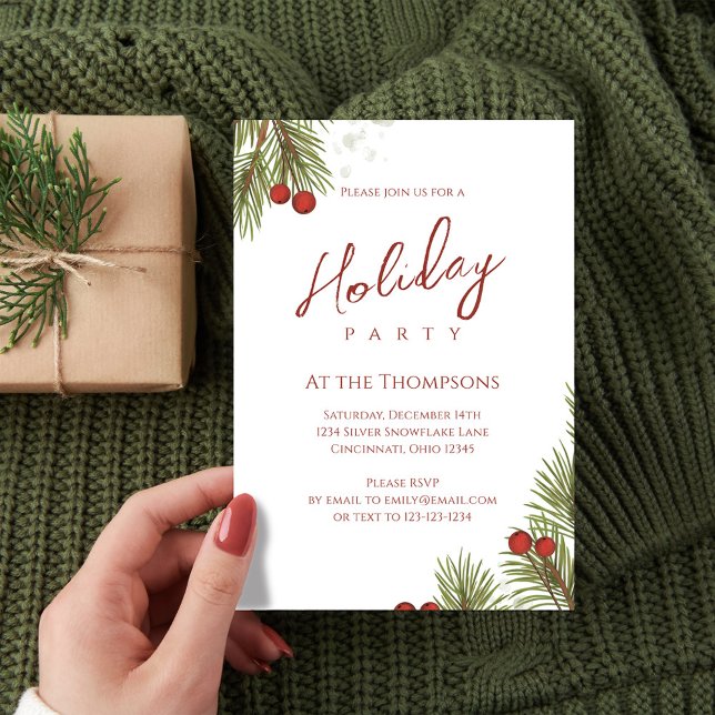 Elegant Red Holly Berries Holiday Party Invitation (Holiday party red and green pine branch invitations. )