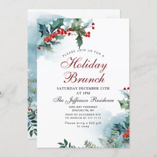 Elegant Red Holly Berry Christmas Holiday Brunch Invitation