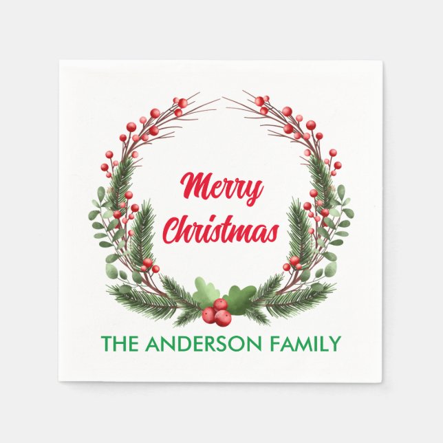 Elegant Red Holly Berry Family Christmas  Napkins (Front)