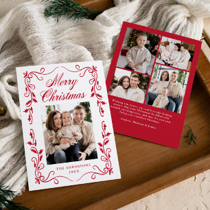 Elegant Red Holly Border Merry Christmas 5 Photo Holiday Card