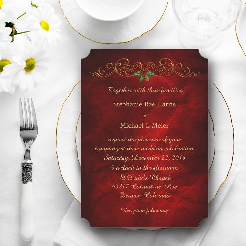 Elegant Red Holly Christmas Wedding Invitation