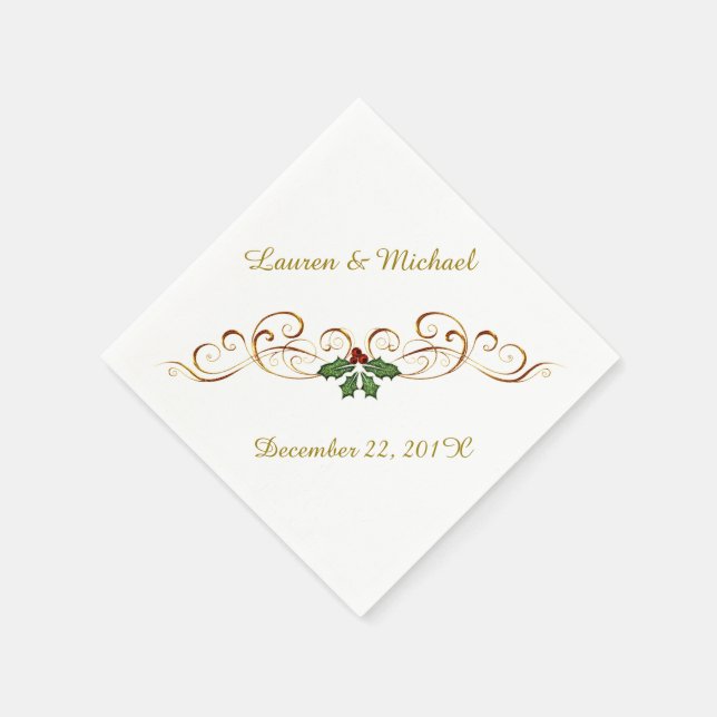 Elegant Red Holly Christmas Wedding Paper Napkins (Corner)