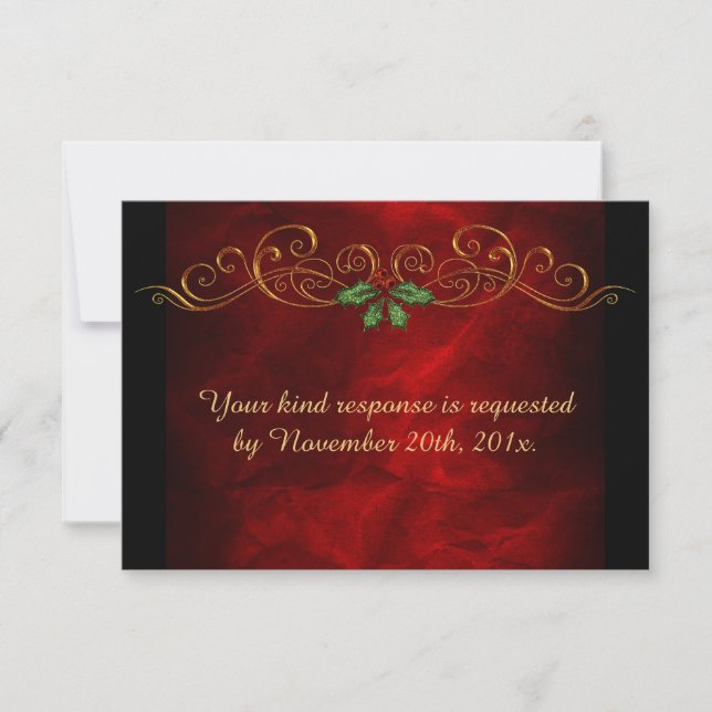 Elegant Red Holly Christmas Wedding RSVP Card (Front)