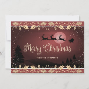 Elegant Red Holly Reindeer Santa Claus Christmas Holiday Card