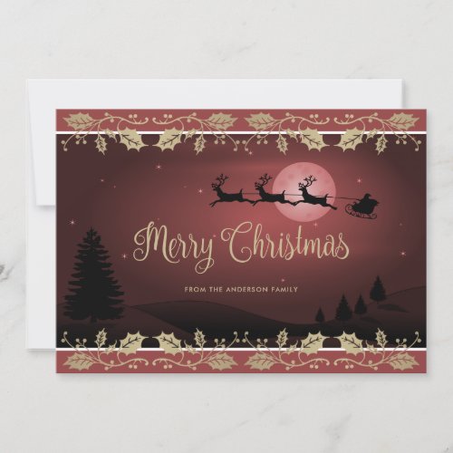 Elegant Red Holly Reindeer Santa Claus Christmas Holiday Card