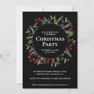 Elegant Red Holly Wreath Hosted Christmas party Invitation