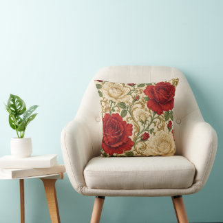 Elegant Red Ivory Rose Victorian Decorative  Throw Pillow
