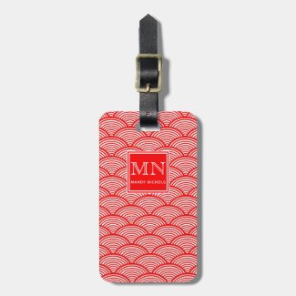 Elegant Red Japanese Wave Pattern Monogrammed