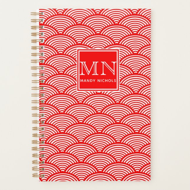 Elegant Red Japanese Wave Pattern Monogrammed Planner (Front)