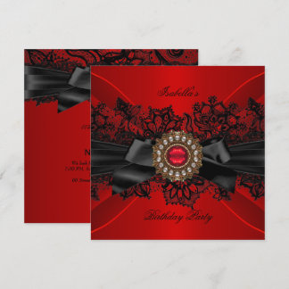 Elegant Red Jewel Black Lace Bow Birthday Party Invitation