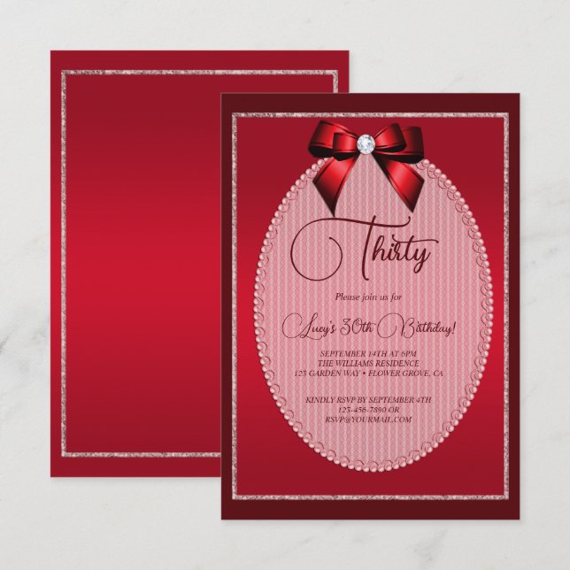 Elegant Red Jewel Bow Birthday Invitation (Front/Back)