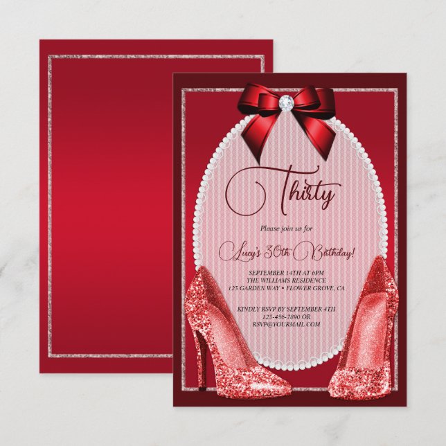 Elegant Red Jewel Bow & Stilettos Birthday Invitation (Front/Back)