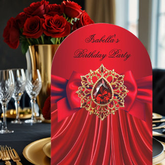Elegant Red Jewel red Bow Birthday Party Invitation