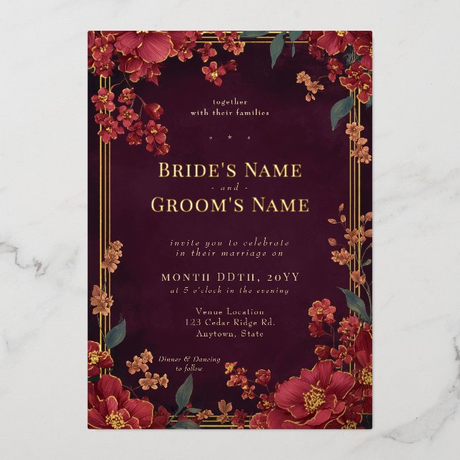 Elegant Red Jewel Tone Floral Wedding Foil Invitation (Front)