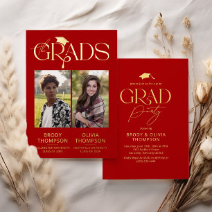 Elegant Red Joint Graduation Party Photo Foil Invitation