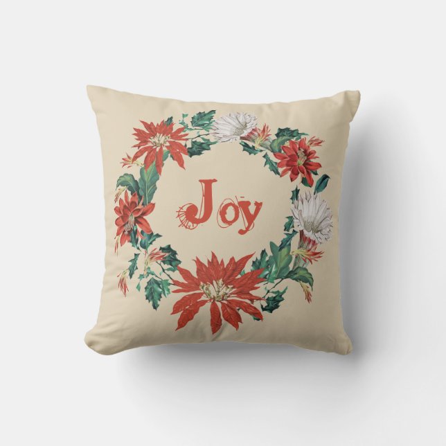 Elegant Red Joy Christmas Floral Wreath on Beige Throw Pillow (Front)