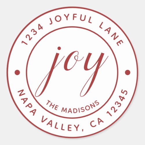 Elegant Red Joy Round Return Address Classic Round Sticker