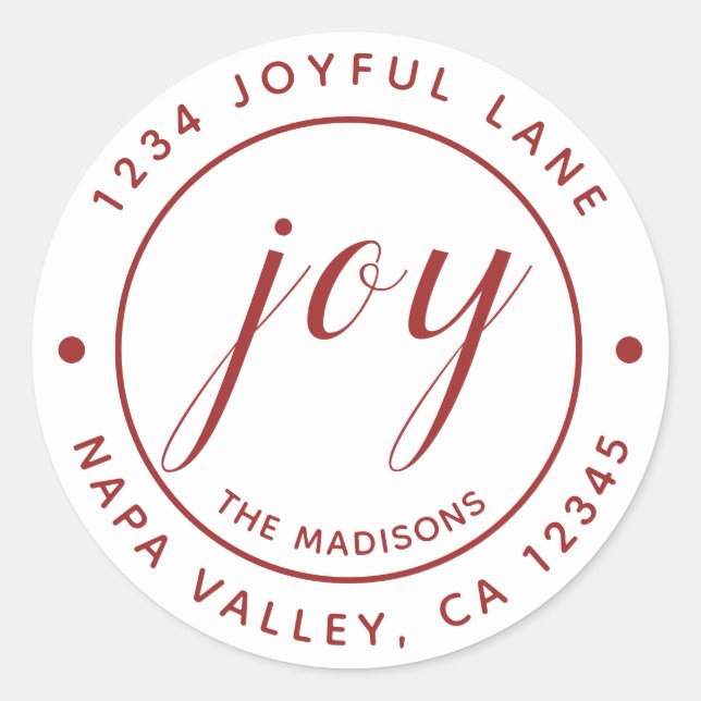 Elegant Red Joy Round Return Address Classic Round Sticker (Front)