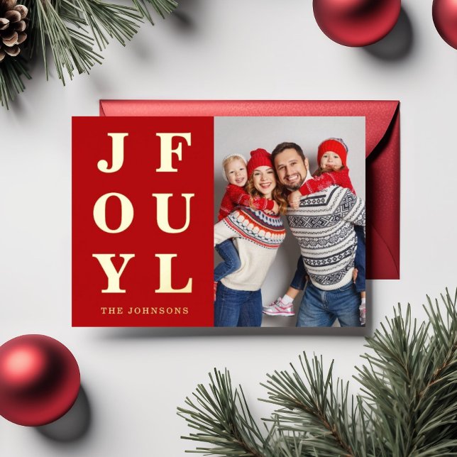 Elegant Red Joyful Photo Christmas Gold Foil Holiday Card (Elegant Red Joyful Photo Christmas Gold Foil Holiday Card)