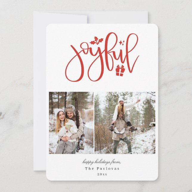 Elegant Red Joyful Photo Holiday Card (Front)