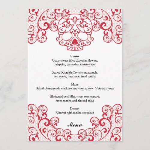 Elegant Red Lace Skull Calavera Wedding Menu Card