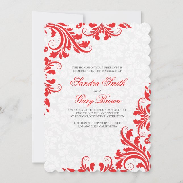 Elegant Red Lace White Damasks Wedding Invite (Front)